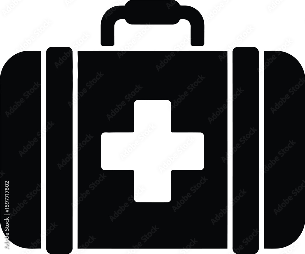 Obraz premium A black first aid kit with a white cross on a white background in a flat style