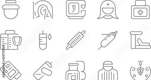 Various medical and healthcare icons arranged on a white background in a row