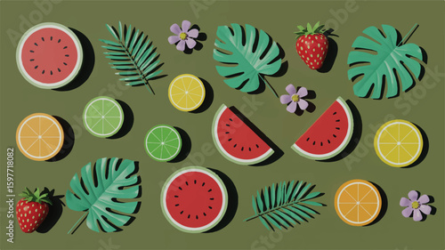 Flat lay of tropical fruits and leaves on green background 1