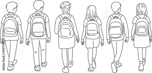 Line drawing of six students walking away with backpacks on a white background