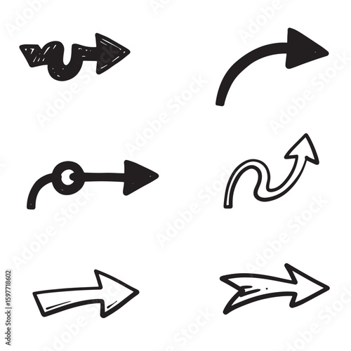 Hand drawn arrow directional icons set in black and white with sketchy style