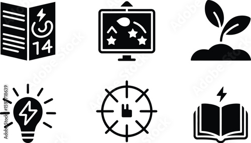A collection of six black and white icons representing various concepts ideas