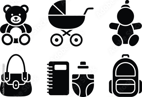 A graphic of baby related items including a teddy bear and a baby stroller