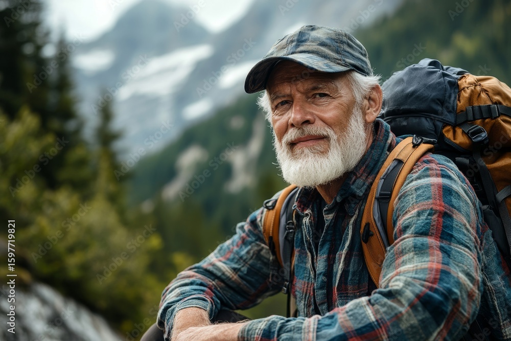 Obraz premium Senior man who injured his leg while hiking in the mountains, highlighting the importance of proper safety measures and preparedness during outdoor activities, Generative AI