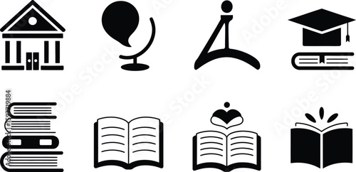 A collection of education related icons in black and white vector format