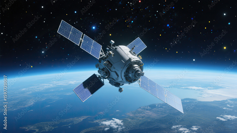Fototapeta premium Realistic 3D rendering of a satellite floating above Earth in outer space with curved horizon and star-filled background, symbolizing global communication and geostationary orbit technology