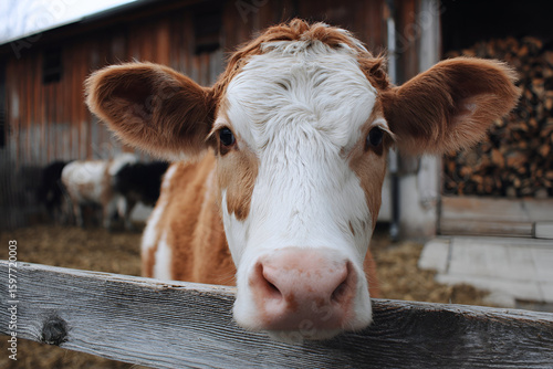 Farm cow looks curiously over wooden fence while other cows rest nearby in a rustic barn setting during early afternoon