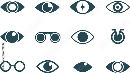 A collection of twelve eye and vision related icons arranged on a white grid