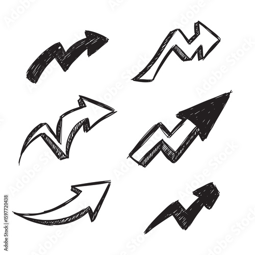 Hand drawn arrow set with scribble style for direction and growth conceptualization on white background