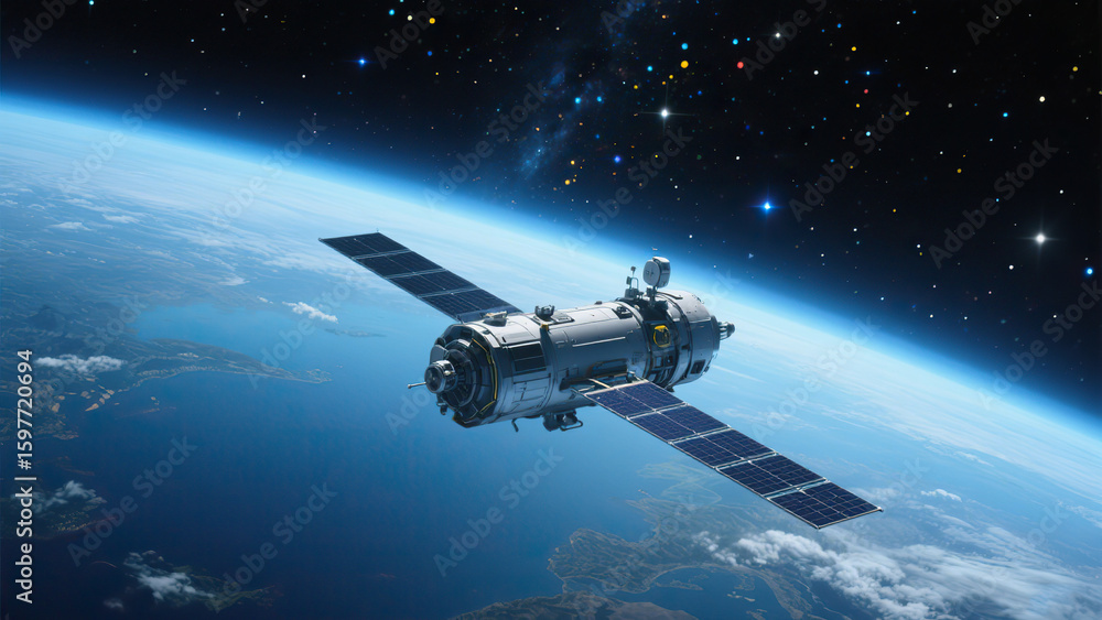 Fototapeta premium Realistic 3D rendering of a satellite floating above Earth in outer space with curved horizon and star-filled background, symbolizing global communication and geostationary orbit technology