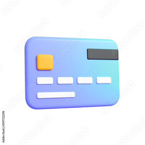 3D Credit Card Icon with Chip and Magnetic Stripe on Pure White Background Without Shadows