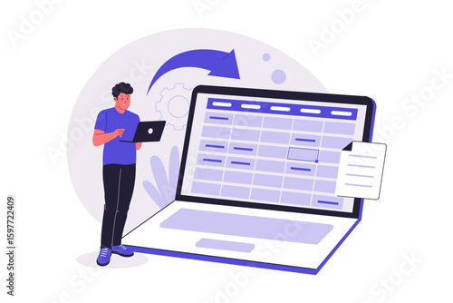 Man Managing Spreadsheet on Laptop. Data Entry and Digital Workflow Illustration. Illustrations for websites, landing pages, mobile apps, posters and banners