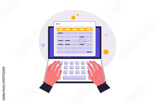 Hands Typing Data into Spreadsheet on Laptop. Illustrations for websites, landing pages, mobile apps, posters and banners