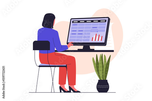 Woman Working on Data Entry. Office Desk with Computer and Spreadsheet. Illustrations for websites, landing pages, mobile apps, posters and banners