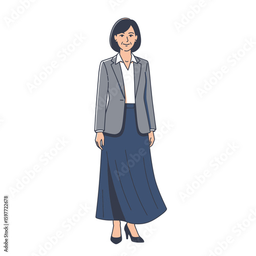 Woman Standing Wearing Blazer and Skirt Full Body Illustration