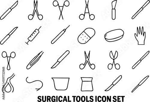 Surgical tools vector icon set in glyph style. Includes scalpel, forceps, scissors, syringe, clamps, and other instruments for medical, hospital, and surgery designs.

