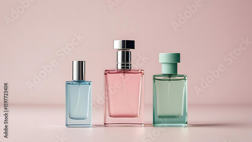 Elegant trio of perfume bottles in pastel shades creating a sophisticated and modern cosmetic display perfect for beauty brands and fragrance promotions