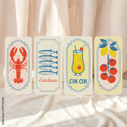 Four vintage style illustrated cards featuring seafood drinks and fruit against a soft pastel background