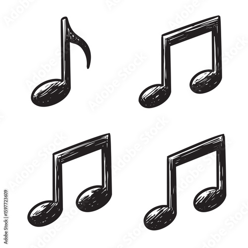 Hand drawn musical notes in black and white on white background music symbol graphic