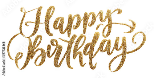 A sparkling gold glitter happy birthday lettering design isolated on transparent background