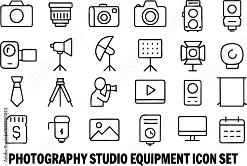 Photography studio equipment vector icon set in glyph style. Includes camera, tripod, lights, softbox, reflector, lens, flash, and other tools for photo and video shoots.

