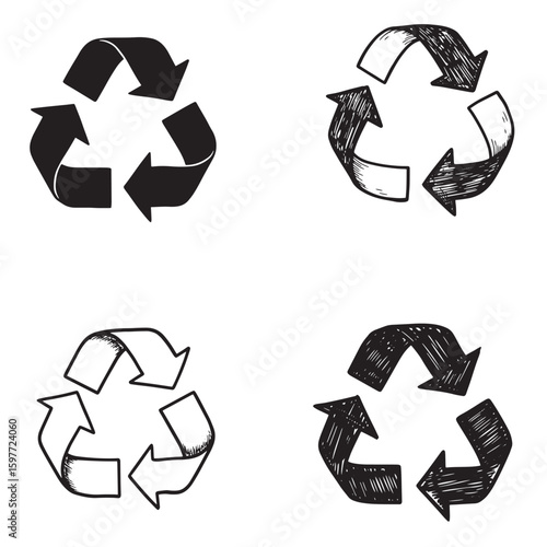 Hand drawn recycle symbols in various styles on white background
