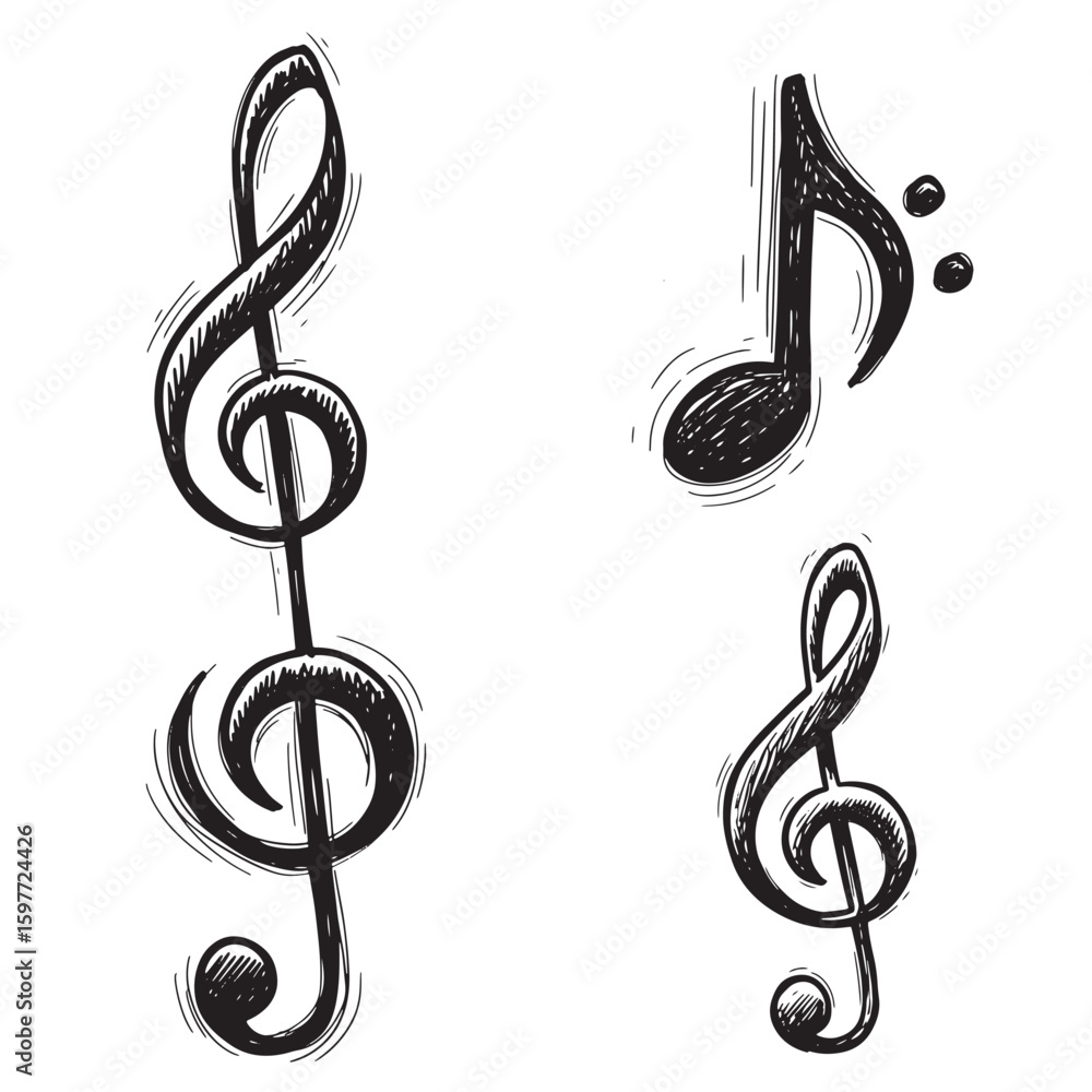 Fototapeta premium Hand drawn sketchy musical notes and treble clef symbols on white background
