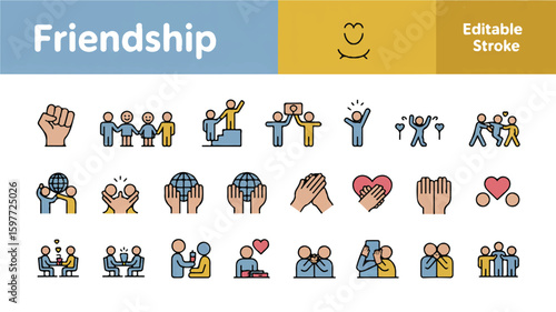 Friendship icons with people holding hands and globes