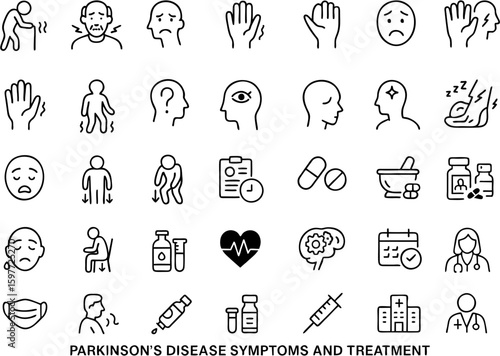 Anemia Vector Icons Set – Medical outline icons of red blood cells, iron deficiency, fatigue, hemoglobin levels, diagnosis, and treatment for health apps, infographics, and education.

