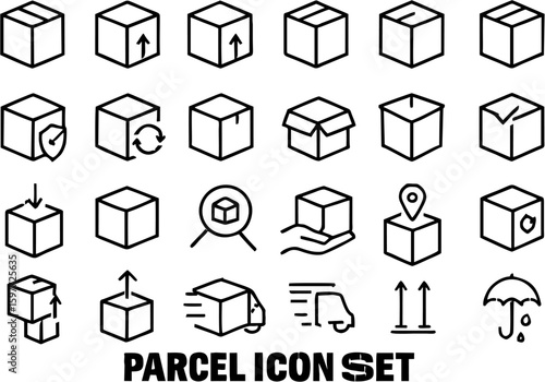 Parcel delivery vector icon set in clean glyph style. Includes box, shipping, courier, tracking, fragile, barcode, and logistics symbols for e-commerce and transport use.

