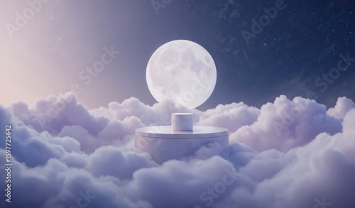 3D rendering of minimalist podium in clouds at night, featuring cosmetic product jar under full moon. Skincare advertising visual blends celestial elements with dreamlike atmosphere for night cream