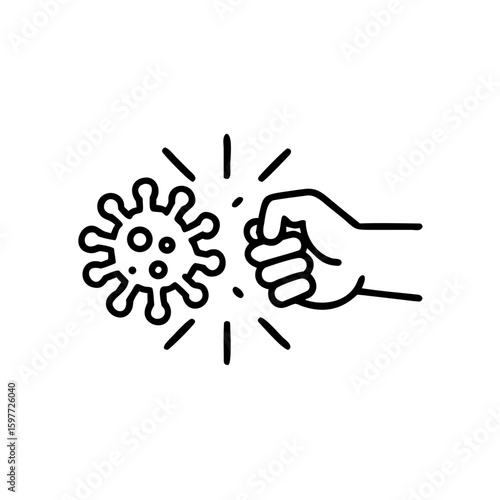 fist kick by bacteria icon in line style, protect on virus isolated on white background , symbol conquer infection disease, protection virus business concept, vector illustration