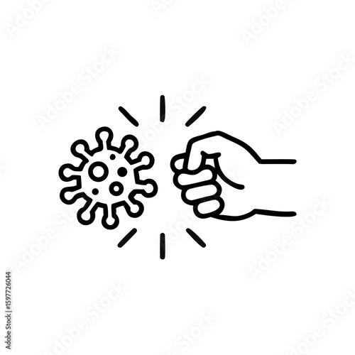 fist kick by bacteria icon in line style, protect on virus isolated on white background , symbol conquer infection disease, protection virus business concept, vector illustration