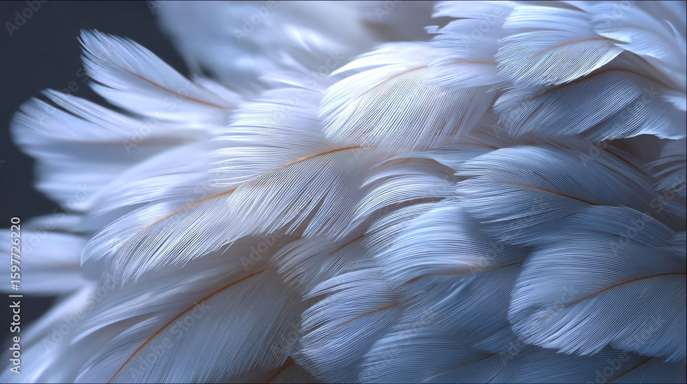 Fototapeta premium Delicate white feathers create a soft, fluffy texture against a dark background, emphasizing elegance and tranquility in nature.