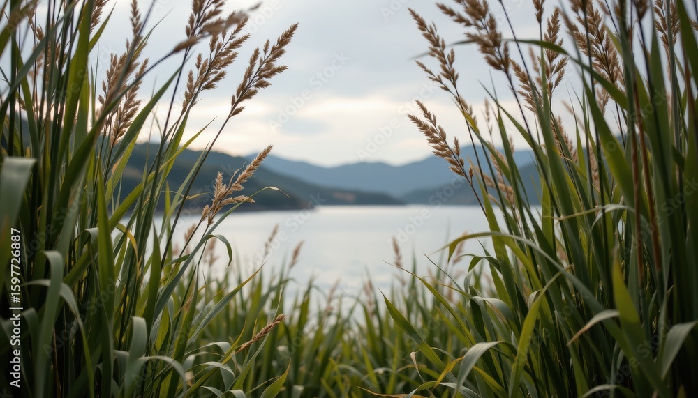 Fototapeta premium Serene View of Grassy Reeds Framing a Calm Lake with Mountains in the Background