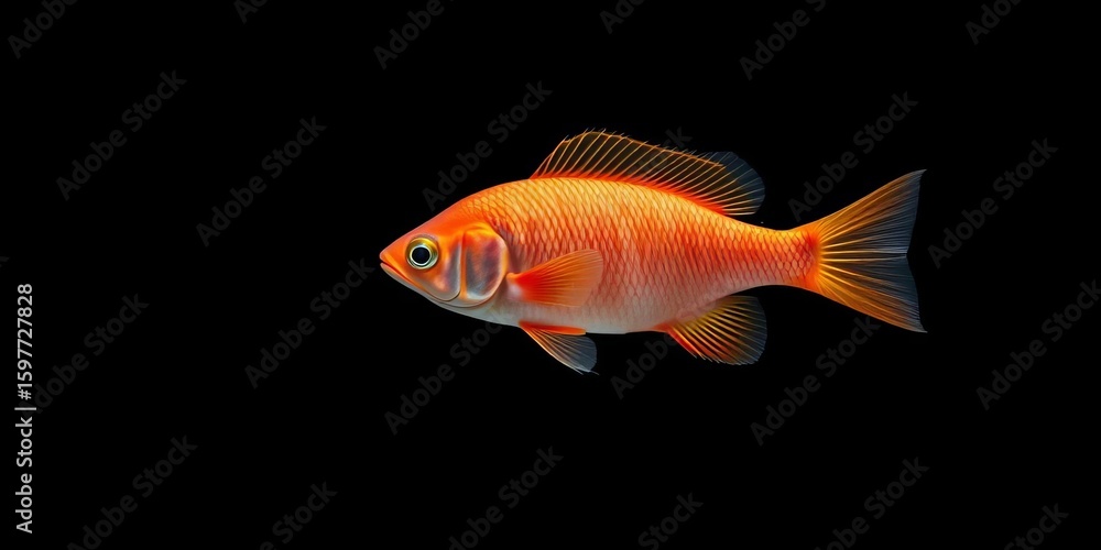 Fototapeta premium A lone, vibrant fish swims against a stark black backdrop, black background, vibrant