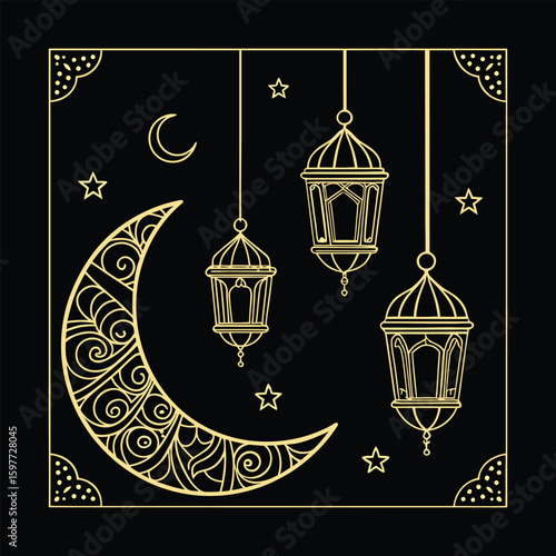 Golden crescent moon and lanterns on a black background with stars