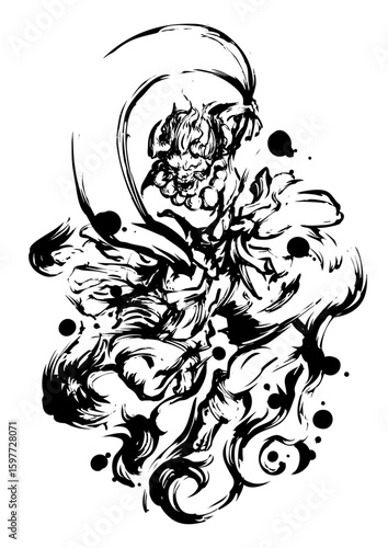  Fujin – Japanese Wind God in Ink Brush Sumi-e Style