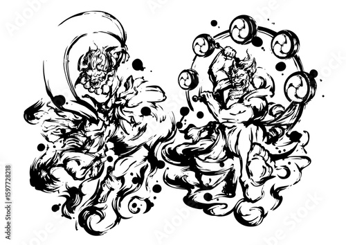Fujin and Raijin – Japanese Wind and Thunder Gods in Sumi-e Ink Art