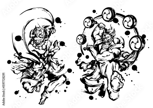 Fujin and Raijin – Japanese Wind and Thunder Gods in Sumi-e Ink Art
