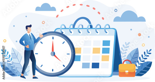 Man with clock and calendar showing time management and scheduling in a business setting illustration