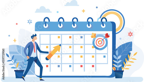 Man in suit pointing with a pencil at a calendar with target and arrow on the right side of it
