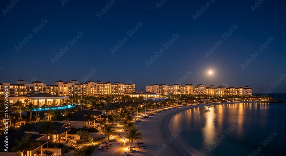 Fototapeta premium Serene Nightfall: Moonlit Luxury Resort on Pristine Beach