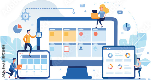 Illustration of people interacting with a large monitor displaying project management boards and charts