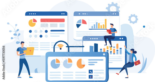 Illustration of people interacting with data dashboards and charts on computer screens online data analysis