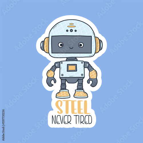 Futuristic cute little Robot sticker. Virtual Technology Assistant with cool slogan. Vector illustration. Color hand drawing. Happy Avatar character mascot. Not AI.