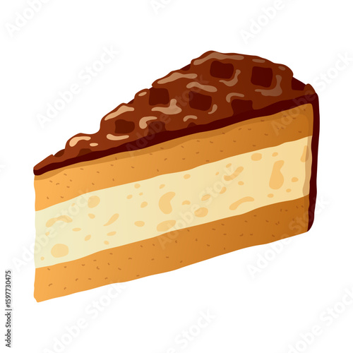 Cake slice. Colorful sweet cake piece, isolated on white. Cafe dessert menu, isometric hand drawn icon. Cute cartoon vector illustration