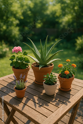 Potted plants on wooden table in outdoor garden with morning sunlight and greenery