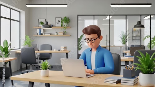 Cartoon business person working on laptop in modern office