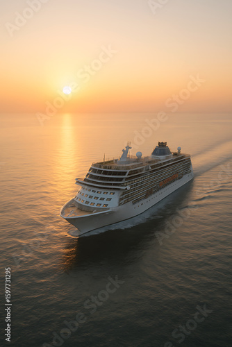 Cruise ship sailing across calm sea during golden sunset with scenic reflection